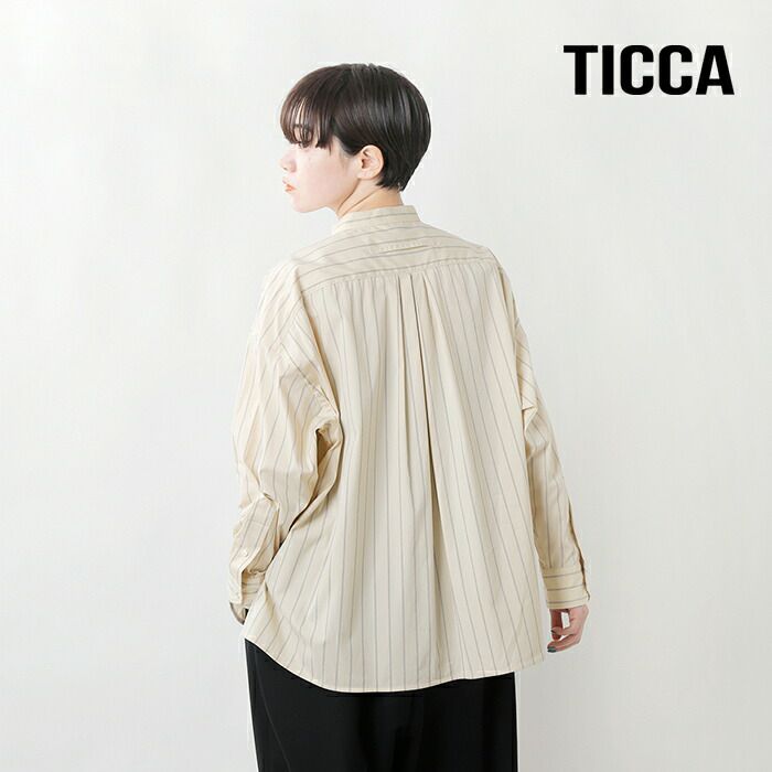 TICCA ティッカ ストライプ ノーカラー スクエア ビッグ シャツ tbba