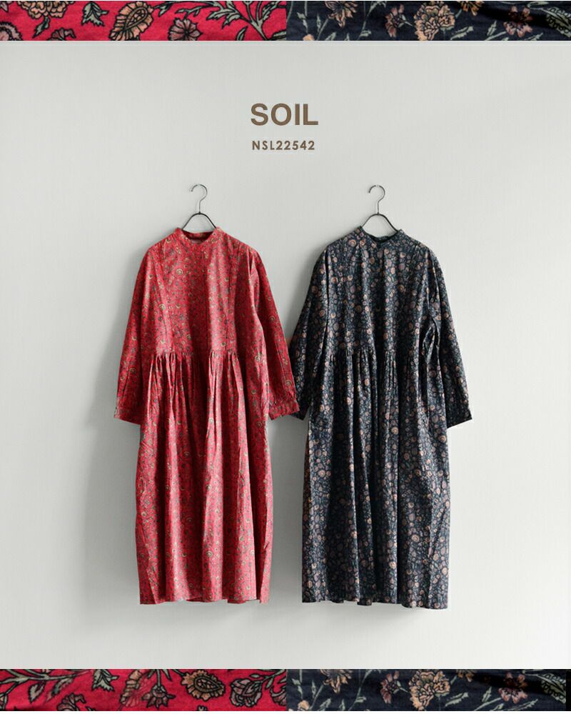 ☆】SOIL ソイル 40sポプリン フラワー プリント バンドカラー ドレス