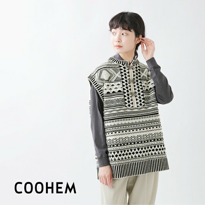 新品＊COOHEM コーヘン ロングニットベストカーディガン ウール 米富繊維 COOHEM コーへン ウール ノルディック柄 ニット ベスト 13-224