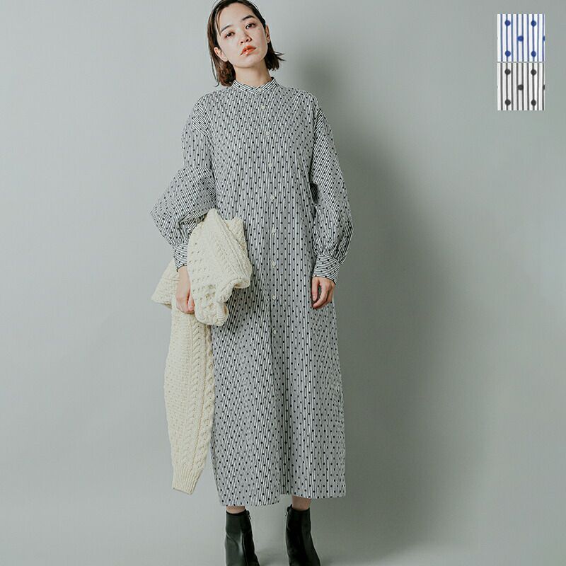 RHODOLIRION ロドリリオン コットン バンドカラー ドット ストライプ ドレス “Banded Collar Dress  DotStripe” ln825-rf レディース | Piu di aranciato(ピウディアランチェート)