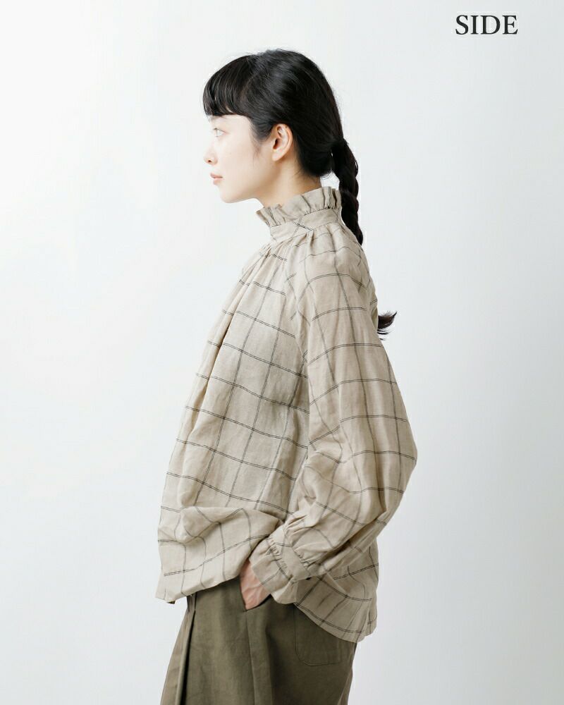 新品MAGALI マガリ コットン リネン チェック フリルブラウス