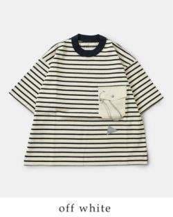 and wander アンドワンダー コットン ストライプ ポケット ハーフスリーブ Tシャツ “stripe pocket H/S T”  574-4184305-ma レディース | Piu di aranciato(ピウディアランチェート)