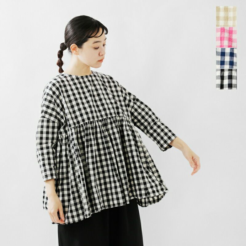 【クーポン対象】Gauze# ガーゼ コットン ギンガム スイッチング ギャザー ブラウス “GINGHAM SWITCHING GATHER  BLOUSE” g949-ms レディース | Piu di aranciato(ピウディアランチェート)