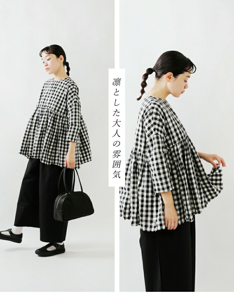 Gauze# ガーゼ コットン ギンガム スイッチング ギャザー ブラウス “GINGHAM SWITCHING GATHER BLOUSE”  g949-ms レディース | Piu di aranciato(ピウディアランチェート)