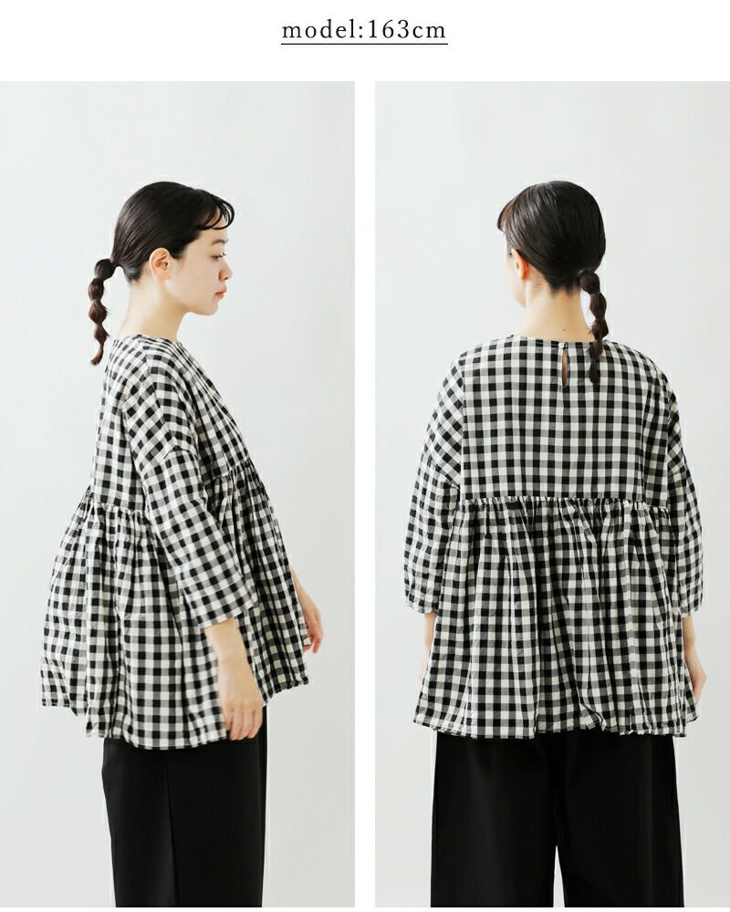 Gauze# ガーゼ コットン ギンガム スイッチング ギャザー ブラウス “GINGHAM SWITCHING GATHER BLOUSE”  g949-ms レディース | Piu di aranciato(ピウディアランチェート)