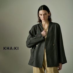 kha:ki カーキ チョーク ストライプ カラーレス Wブレスト ジャケット “COLLARLESS STRIPE JACKET”  mil24fjk3229-yh 2024aw新作 レディース | Piu di aranciato(ピウディアランチェート)