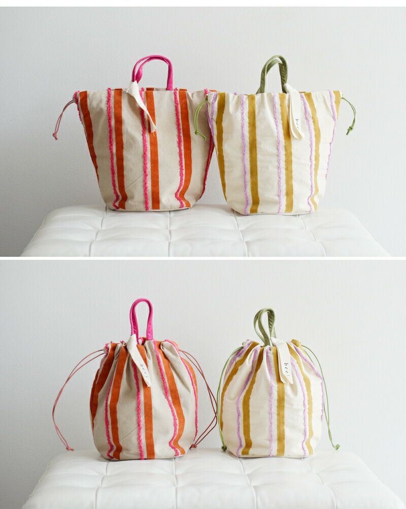 beej ビージ コットン 刺繍＆フロッキー 2way ストリング バッグ