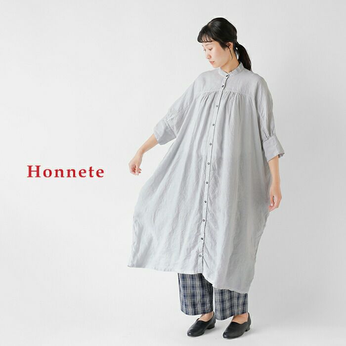 Honnete オネット アイリッシュリネン 7分袖 ロング ギャザー