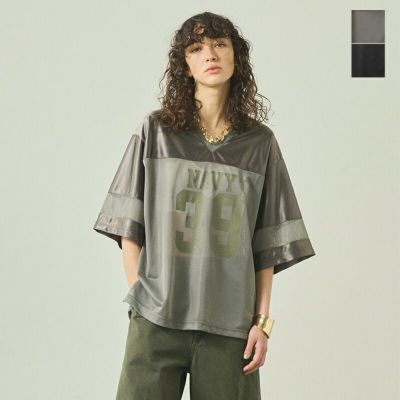 レビュー高評価の商品!の商品をすべて kha:ki カーキ サテンジャージー×メッシュ 切替 サイドスリット トップス