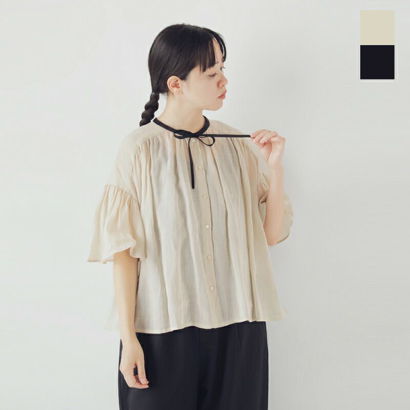 MAGALI】マガリ 綿100% バックリボンギャザーブラウス フレア