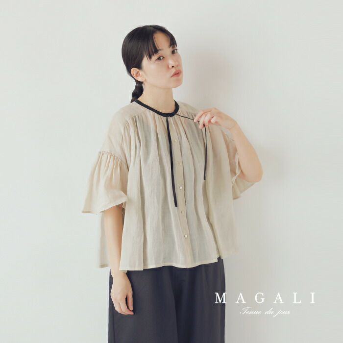 MAGALI】マガリ 綿100% バックリボンギャザーブラウス フレア