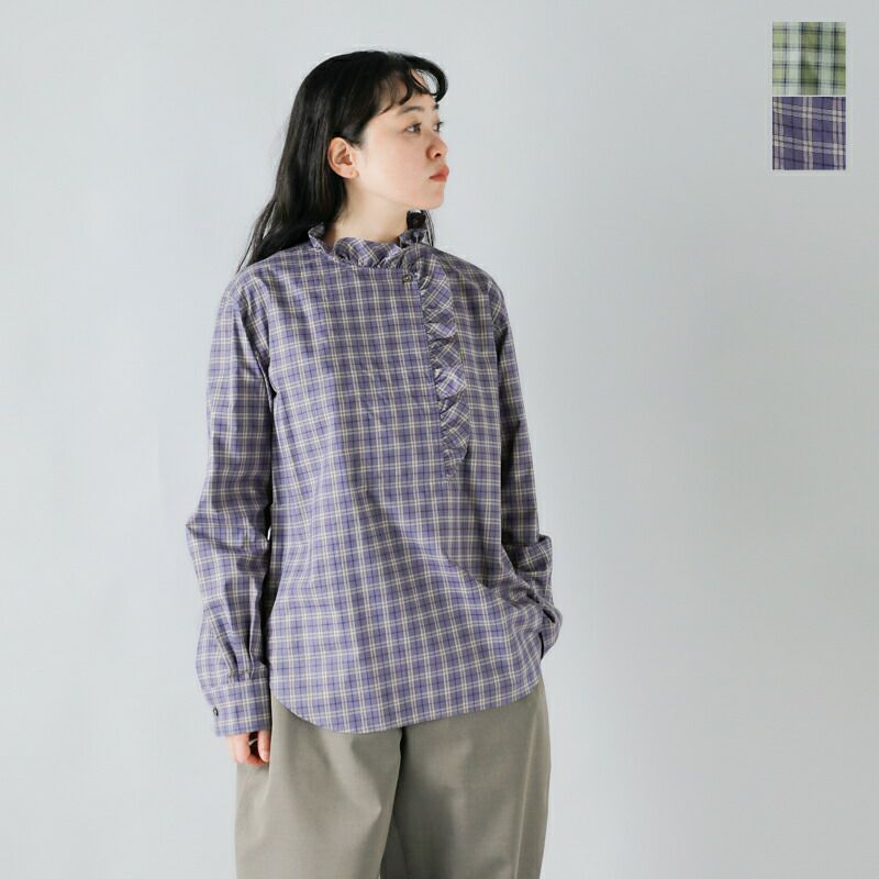 LOEFF ロエフ オーガニックコットン チェック フリル シャツ