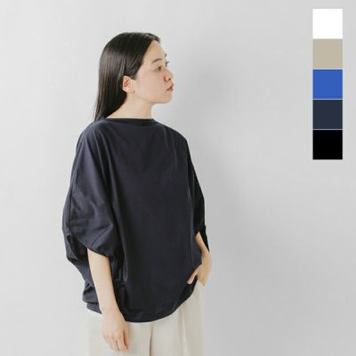 Mizuiroindミズイロインド(F)紺/ボートネック/半袖/ラグラン袖 mizuiro ind ミズイロインド コットン ボートネック ドルマン