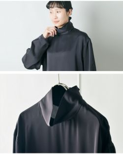 ロエフ＊ストレッチシルクサテン プルオーバーブラウス 6万＊炭黒 シルクストレッチサテン スカーフネックブラウス
