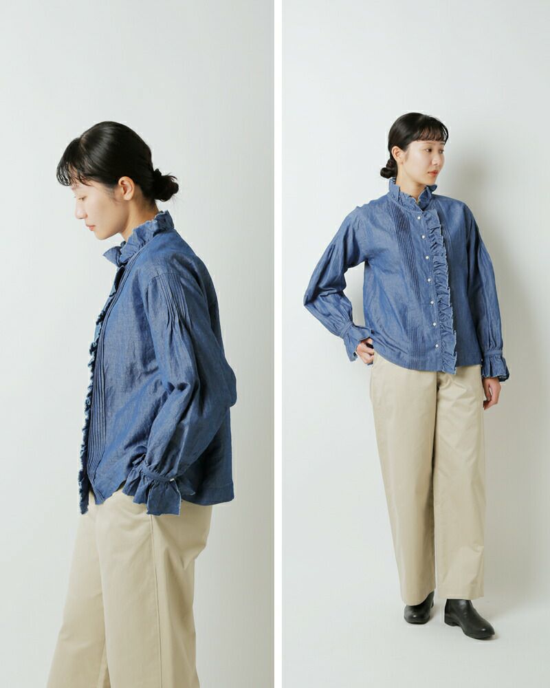 ナイジェルケーボン　ギャザーカラーブラウス　ストライプ　シャツ ギャザーカラーブラウス［Nigel Cabourn woman］ | JAMES NAGAOKA