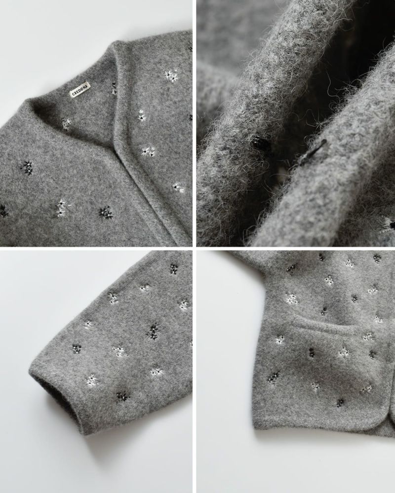 美品＊45R 小紋柄ウールニットジャケット サイズ3 グレー系 長袖 R刺繍 CREDONA クレドナ ウールブレンド ブークレ フラワー 刺繍 ニット