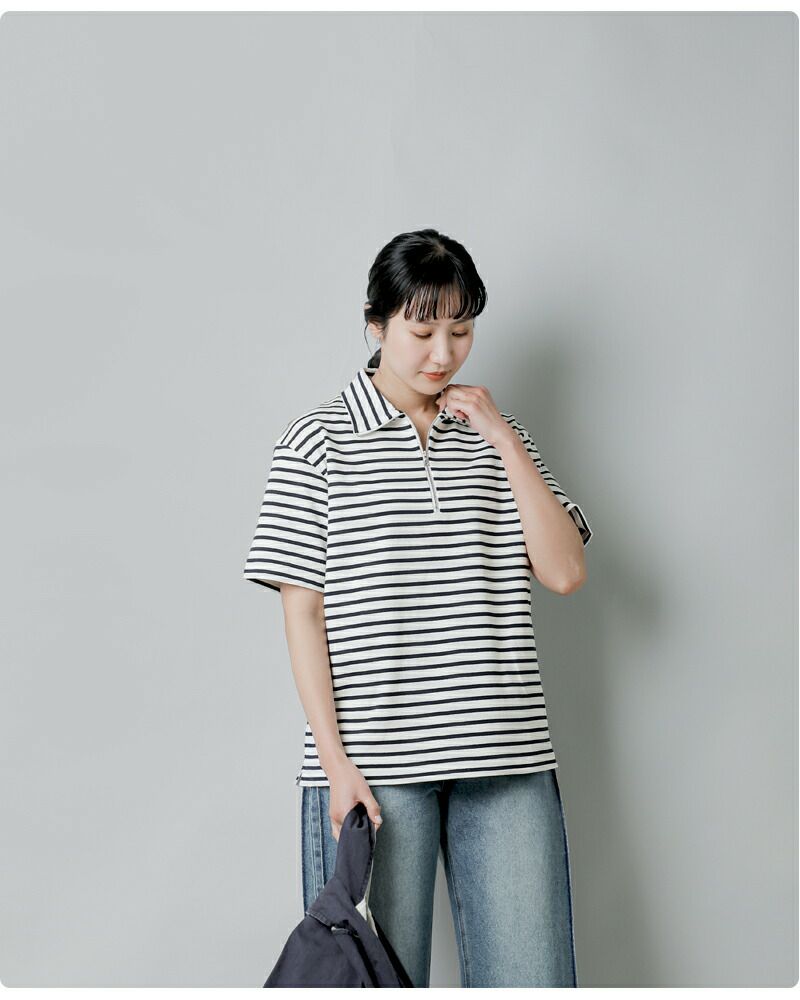 SCYE BASICS サイベーシックス コットン ストライプ ハーフジップ T